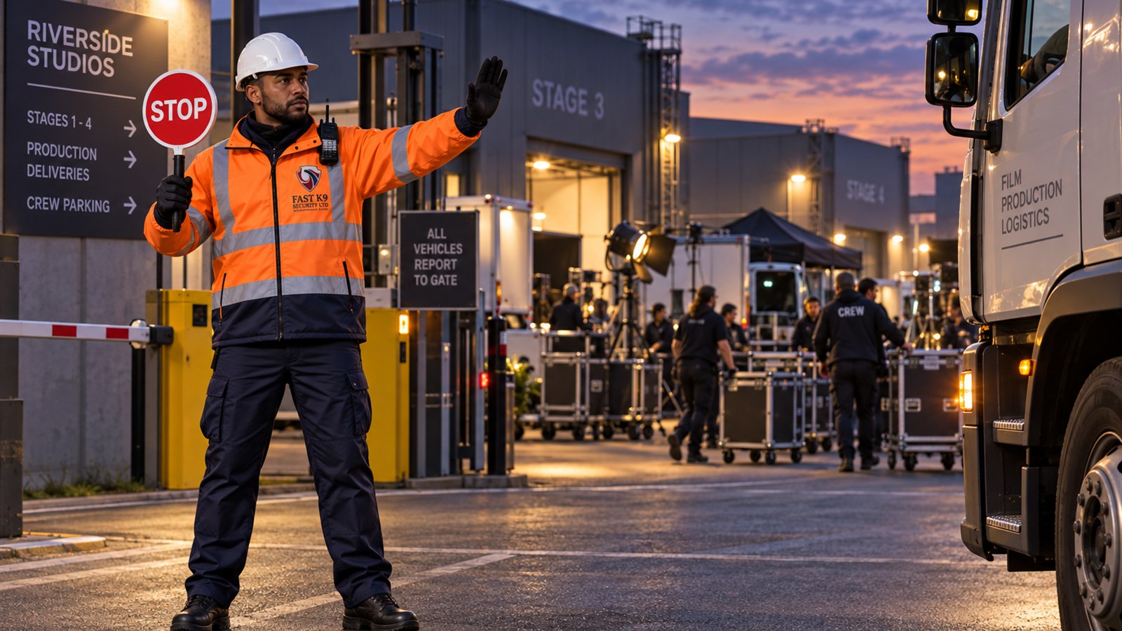 Fast K9 Security Limited traffic marshal directing vehicles at a film studio